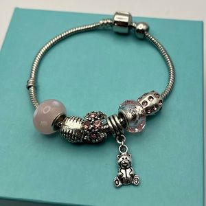 2376-MTT Snake Chain Mixed Material Shades Of Pink 7 Slide Charm Bracelet 7.5”